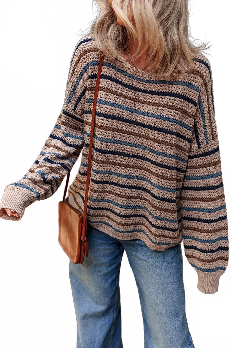 NEW NOBRAND striped knitted drop shoulder crew neck sweater in multicolor